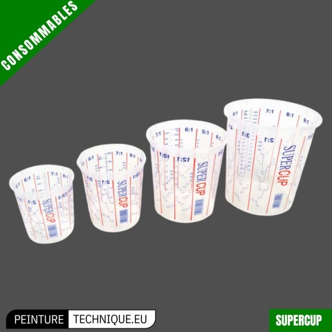 Gobelets mélange peinture SIFA SUPERCUP – Graduations précises 2:1, 3:1, 4:1, 5:1 – Jetables et résistants aux solvants